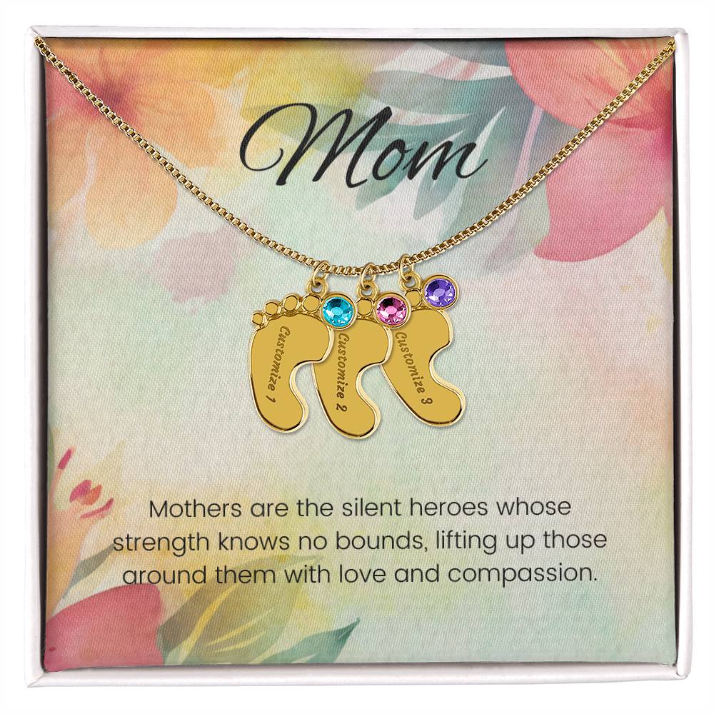 Mothers are the silent heroes...Engraved Baby Feet Necklace with Birthstone