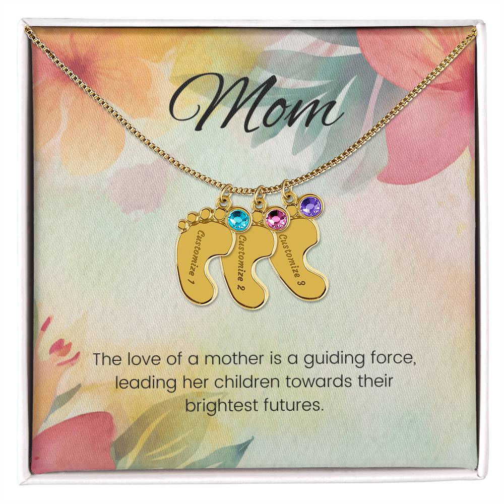 The love of a mother is a guiding force...Engraved Baby Feet Necklace with Birthstone