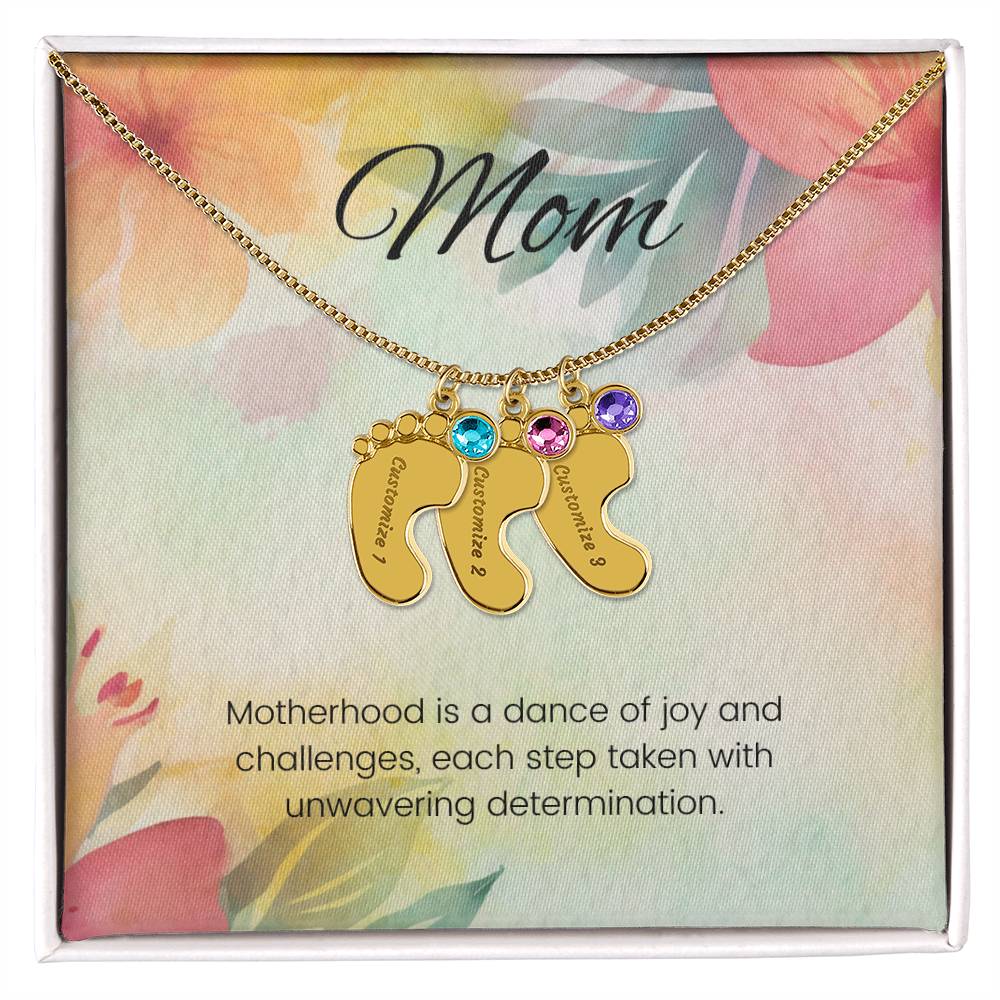 Motherhood is a dance of joy... Engraved Baby Feet Necklace with Birthstone