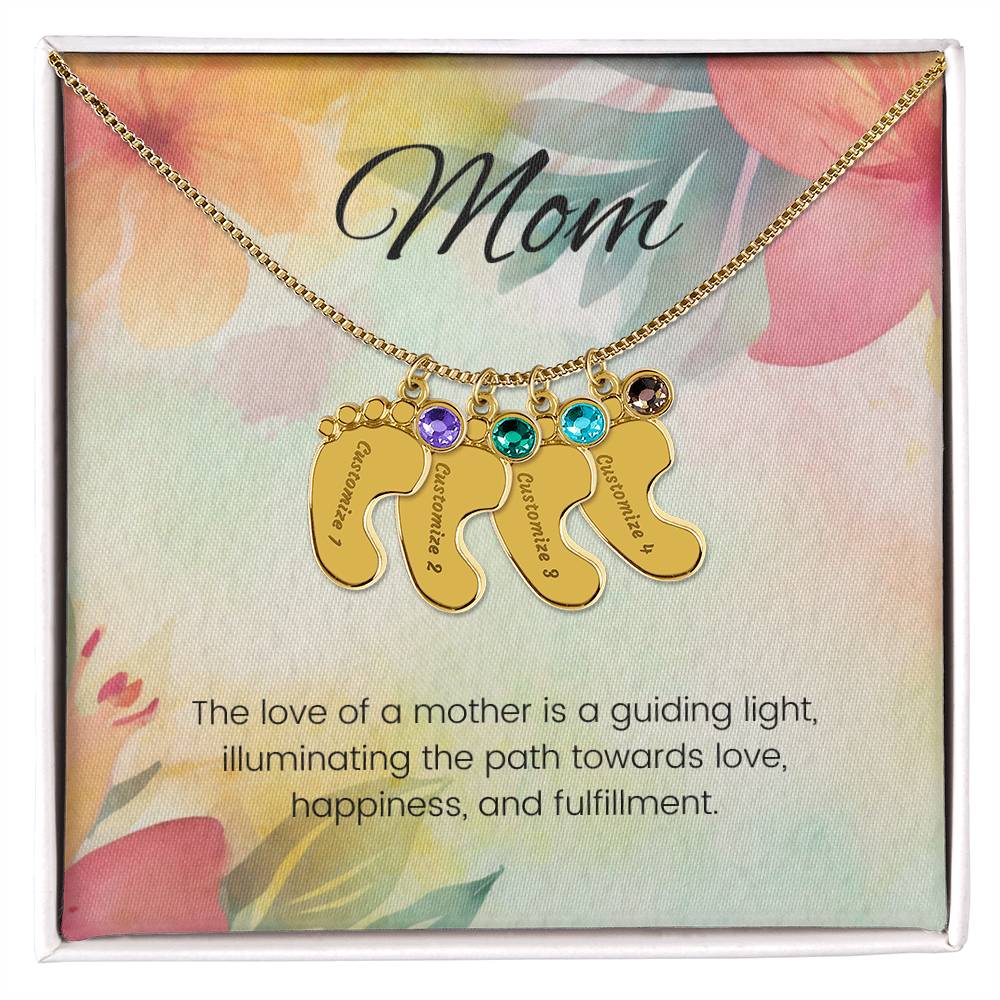 The love of a mother is a guiding light...Engraved Baby Feet Necklace with Birthstone