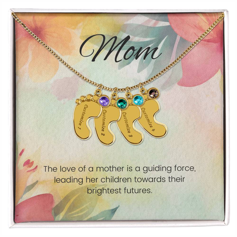 The love of a mother is a guiding force...Engraved Baby Feet Necklace with Birthstone