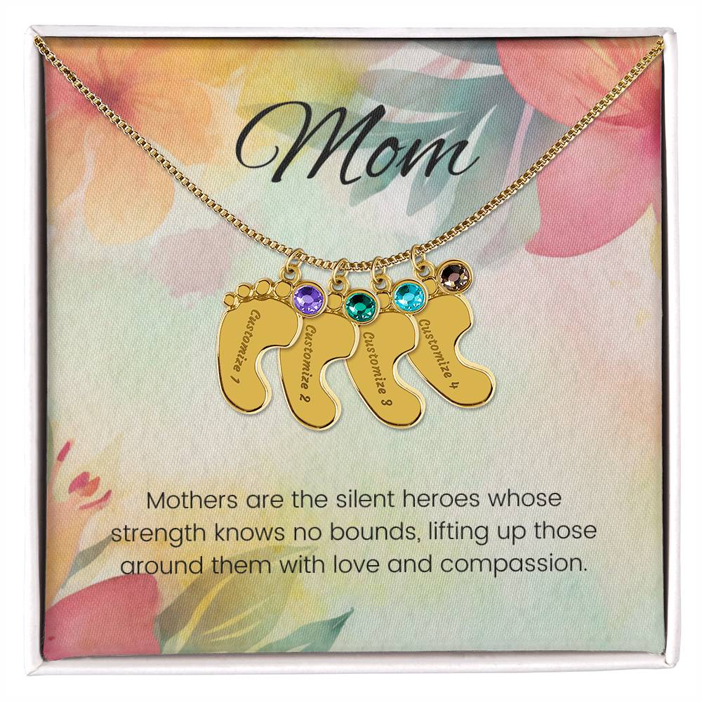 Mothers are the silent heroes...Engraved Baby Feet Necklace with Birthstone