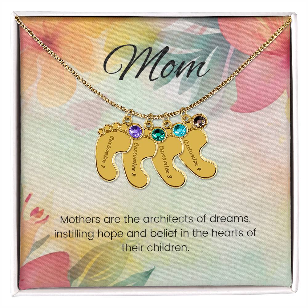 Mothers are the architects of dreams...Engraved Baby Feet Necklace with Birthstone