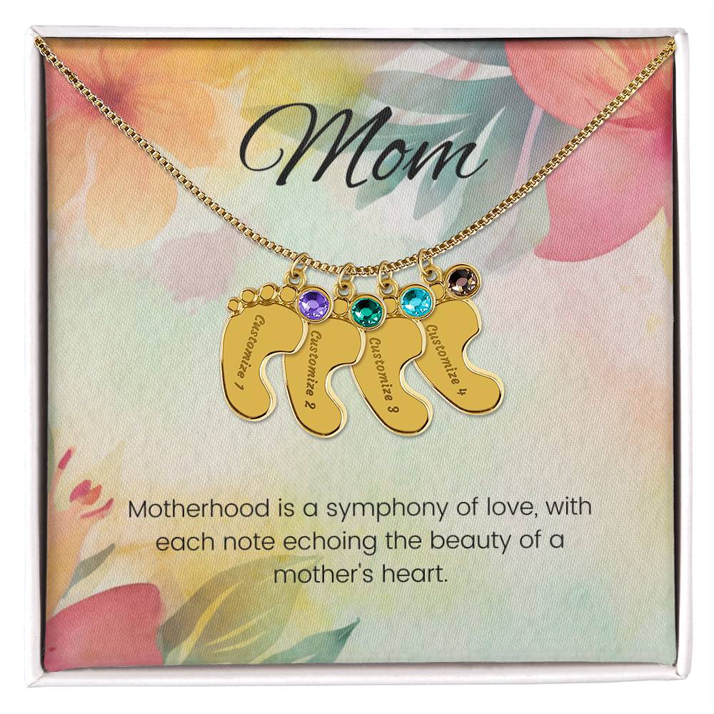 Motherhood is a symphony of love...Engraved Baby Feet Necklace with Birthstone