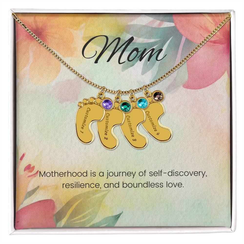 Motherhood is a journey of self-discovery...Engraved Baby Feet Necklace with Birthstone