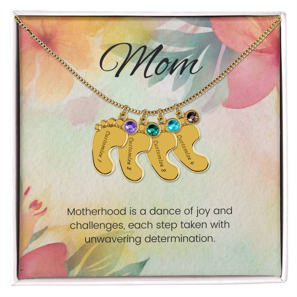 Motherhood is a dance of joy... Engraved Baby Feet Necklace with Birthstone