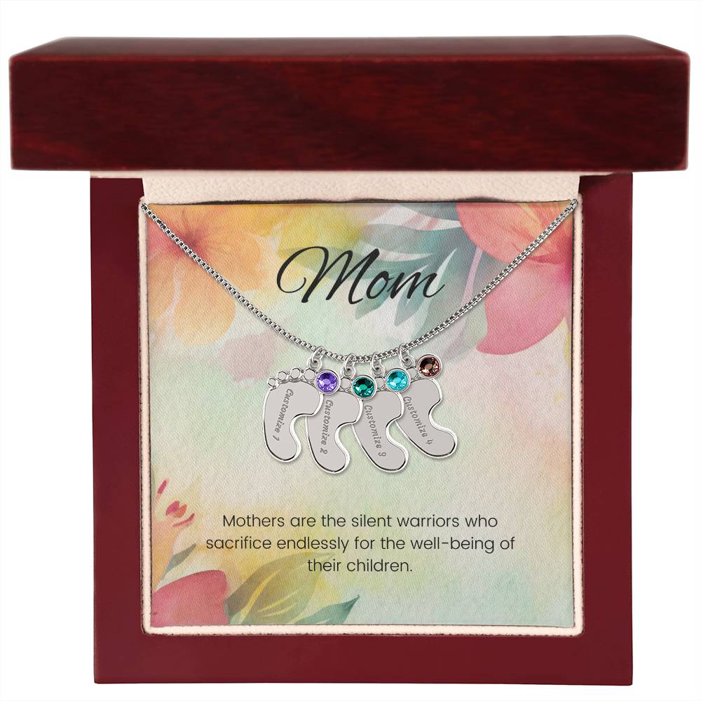 Mothers are the silent warriors...Engraved Baby Feet Necklace with Birthstone