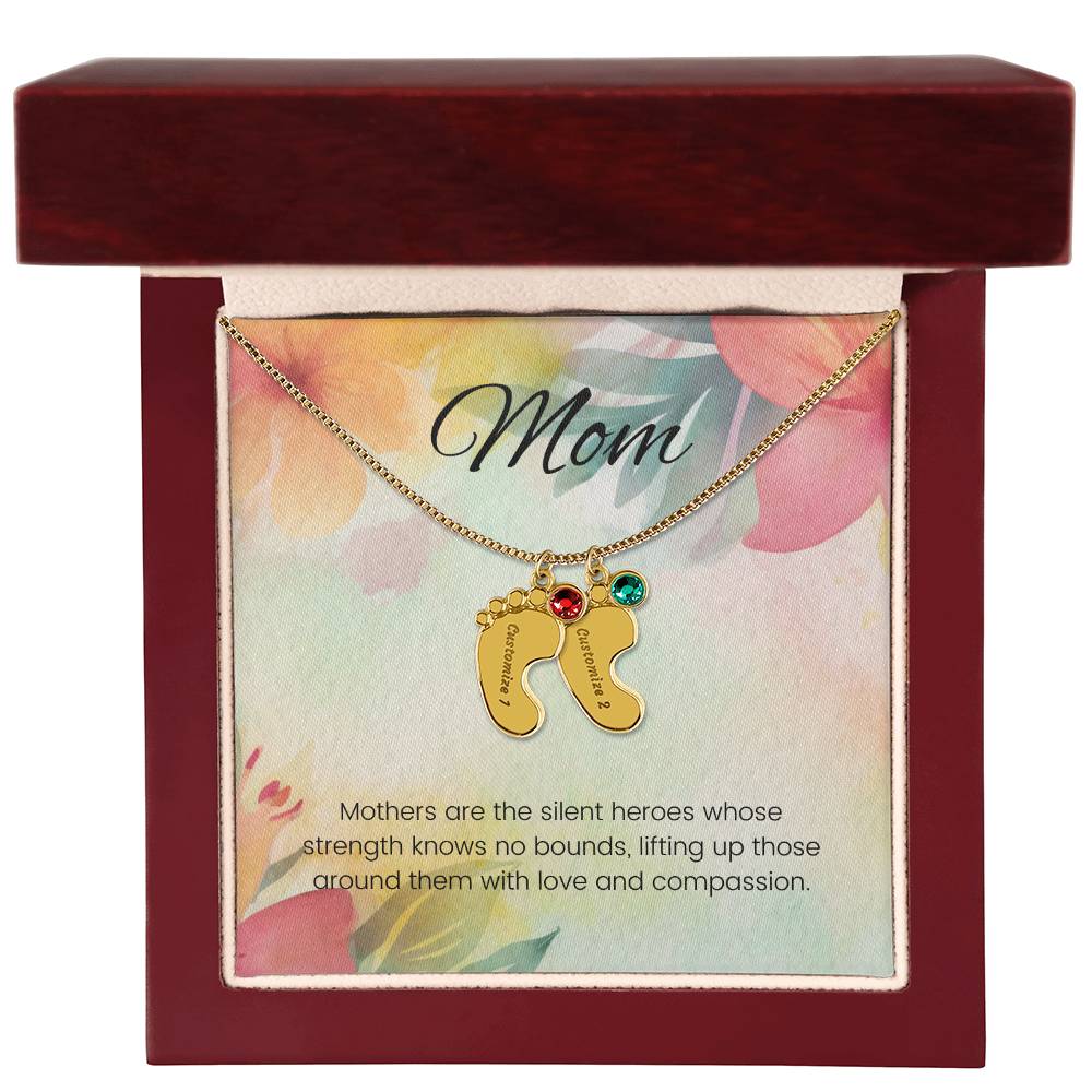 Mothers are the silent heroes...Engraved Baby Feet Necklace with Birthstone