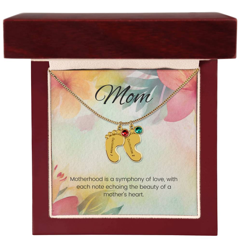 Motherhood is a symphony of love...Engraved Baby Feet Necklace with Birthstone