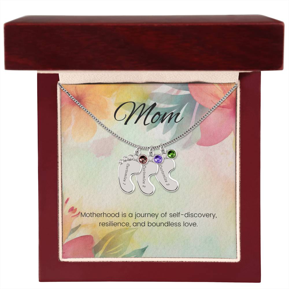 Motherhood is a journey of self-discovery...Engraved Baby Feet Necklace with Birthstone