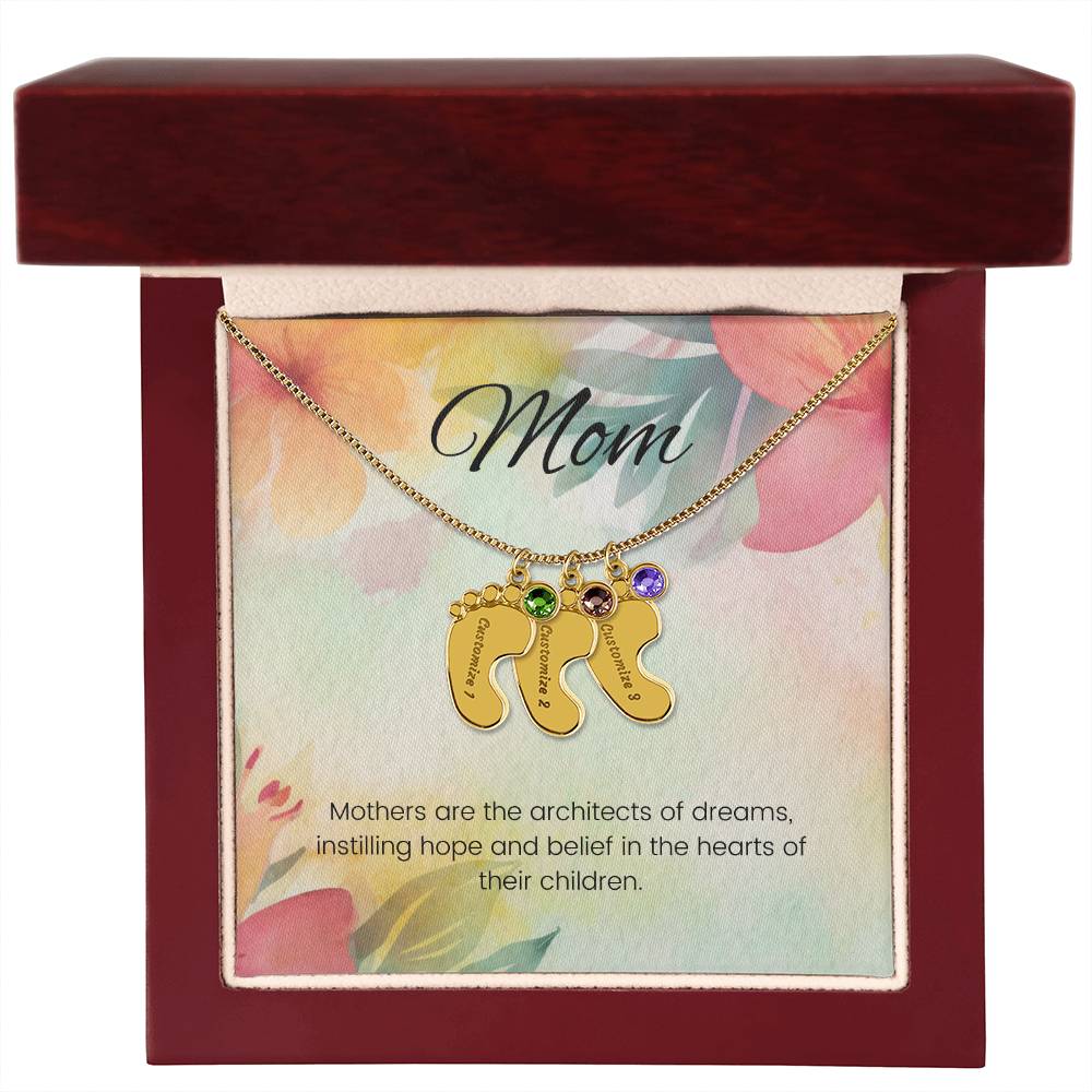 Mothers are the architects of dreams...Engraved Baby Feet Necklace with Birthstone