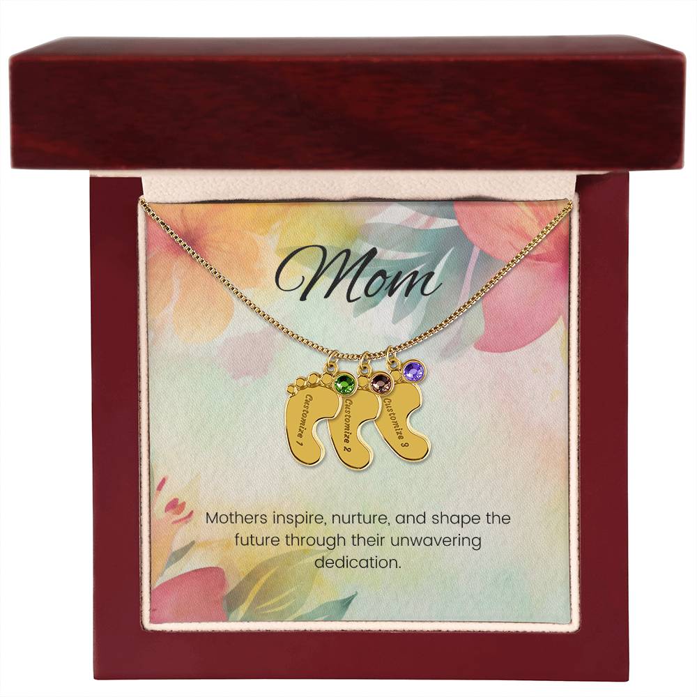 Mothers inspire, nurture, and shape...Engraved Baby Feet Necklace with Birthstone