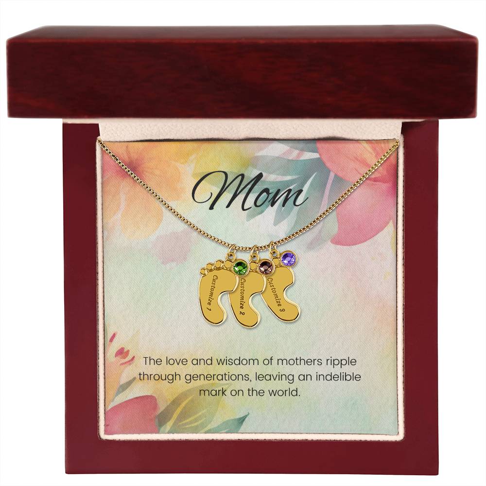 The love and wisdom of mothers...Engraved Baby Feet Necklace with Birthstone