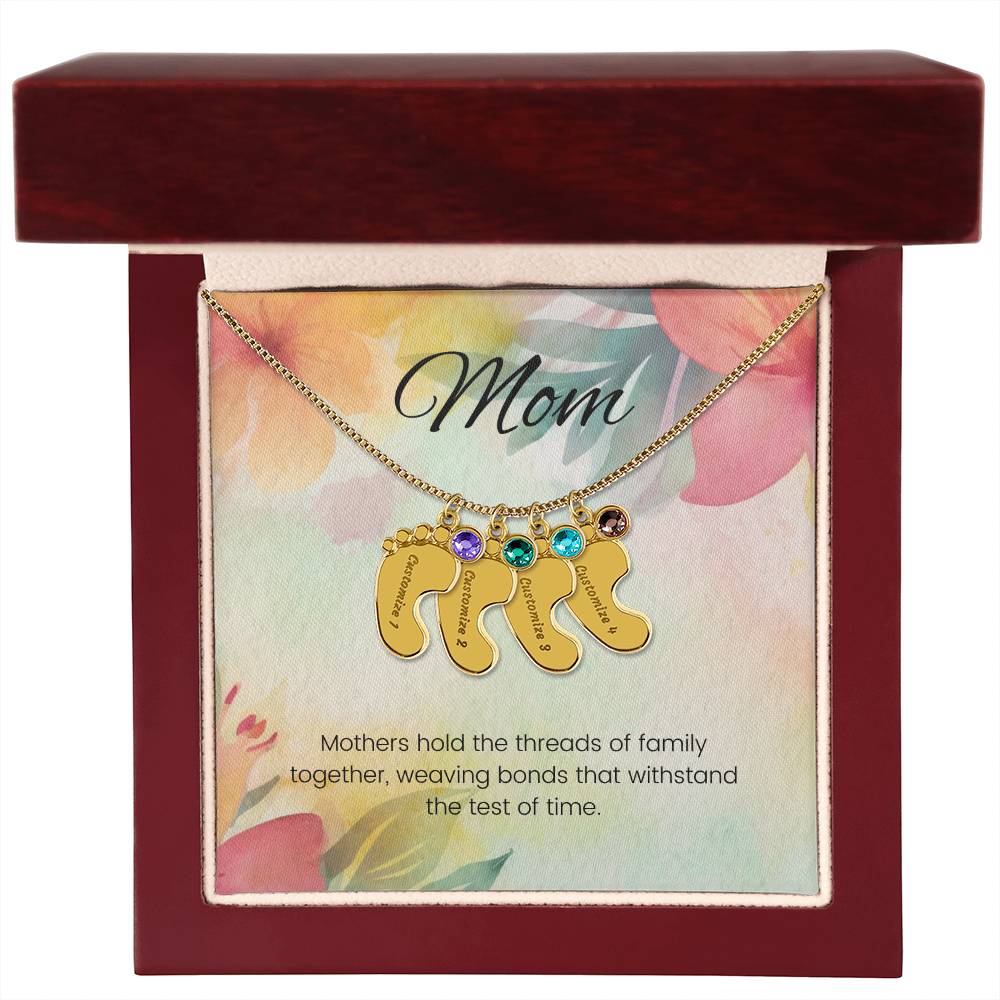 Mothers hold the threads of family together...Engraved Baby Feet Necklace with Birthstone